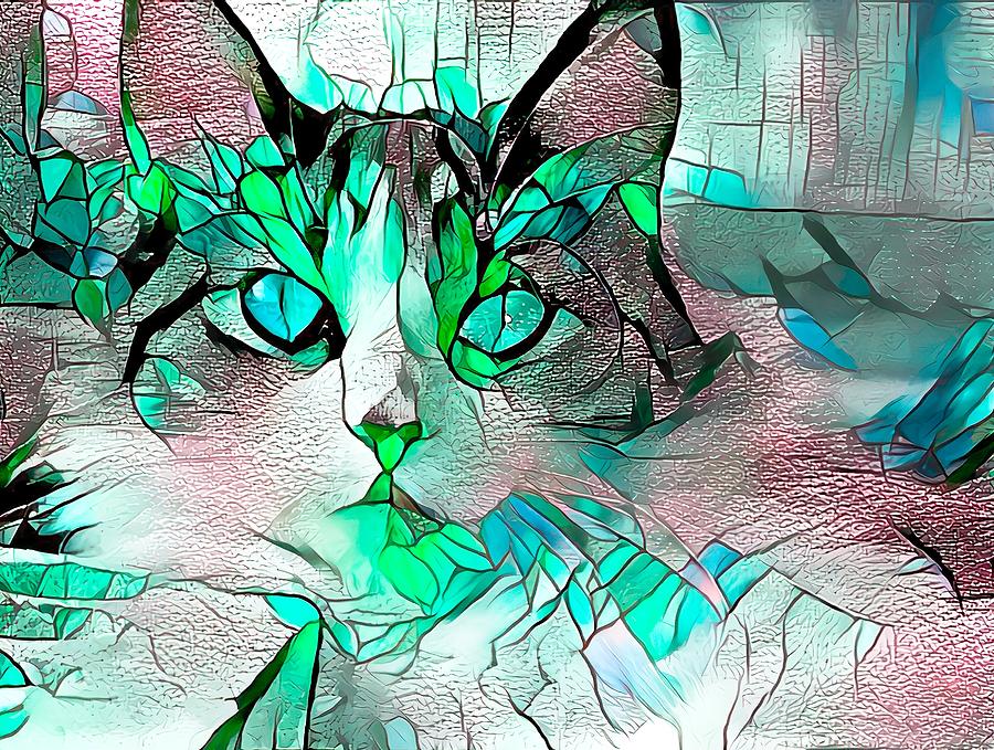 Kitten On Stained Glass Green Digital Art by Don Northup