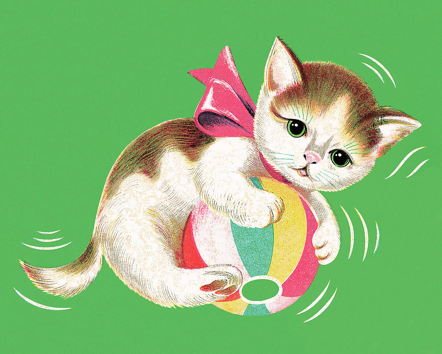 Vintage Drawing - Kitten Playing with a Ball by CSA Images