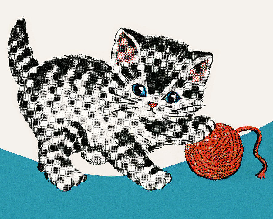 Vintage Drawing - Kitten Playing with Yarn by CSA Images