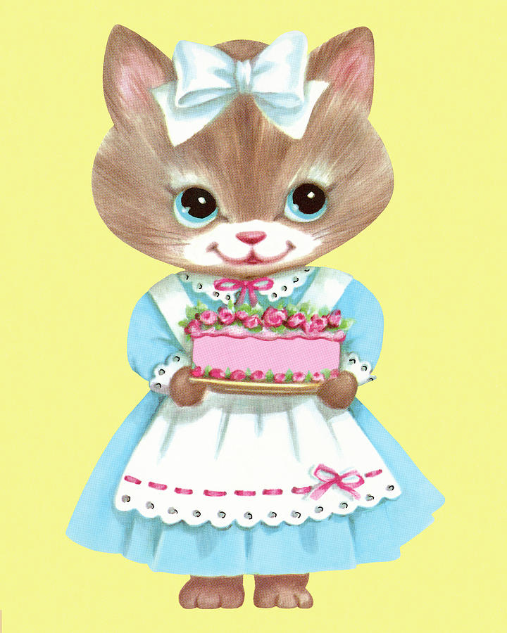 Cake Drawing - Kitten Wearing a Dress Holding a Cake by CSA Images