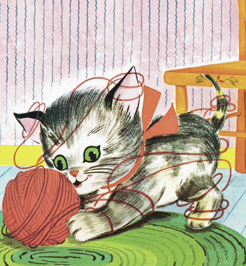 Vintage Drawing - Kitten With Yarn by CSA Images