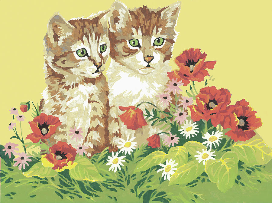 Vintage Drawing - Kittens and Poppies by CSA Images