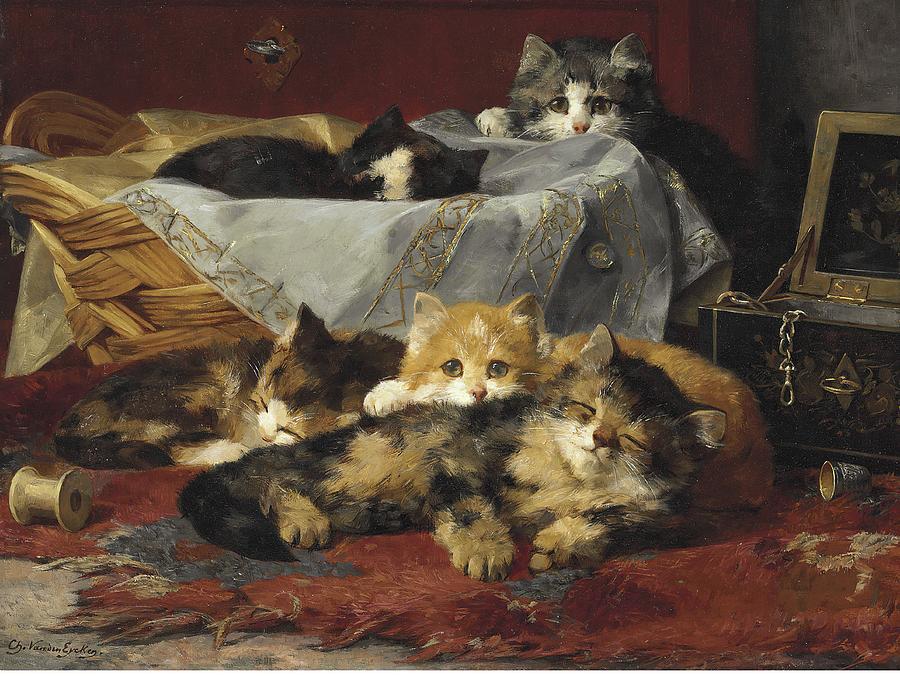 Kittens In A Basket Painting by Charles Van Den Eycken Kittens In A Basket Painting by Charles Van Den Eycken