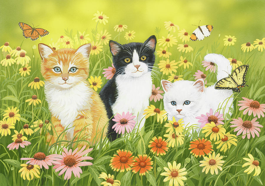 Flower Painting - Kittens In The Garden by William Vanderdasson