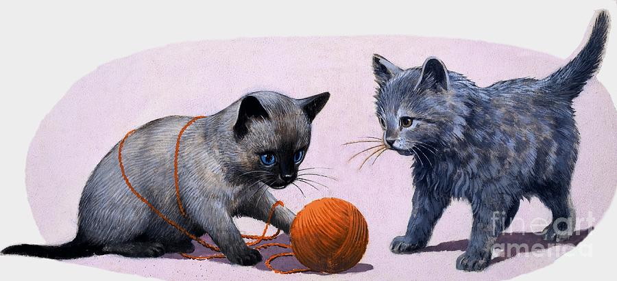 Kittens Playing With A Ball Of Wool Painting by English School
