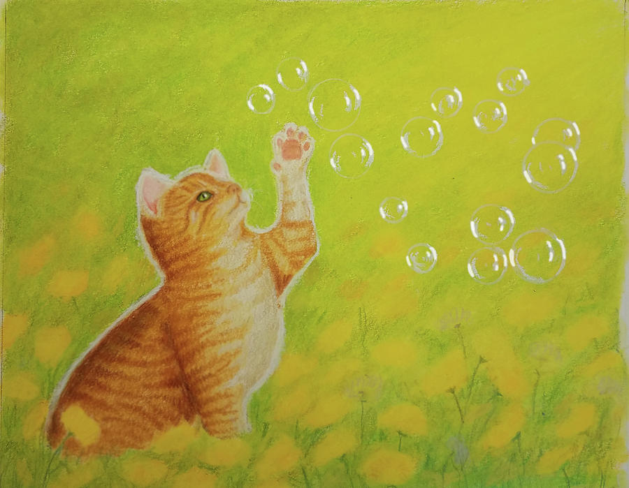 Kitty Batting Bubbles Drawing by Lorraine Foster