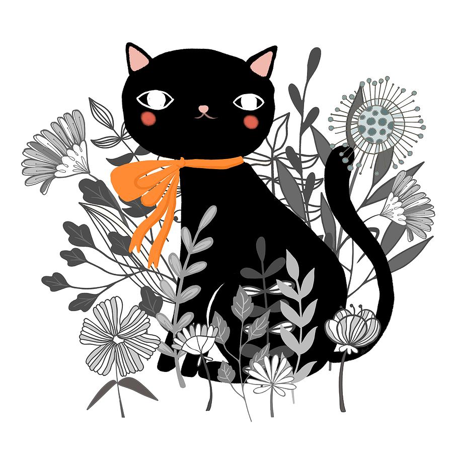 Kitty Kitty Sitting Pretty With Flowers All Around Painting by Little ...