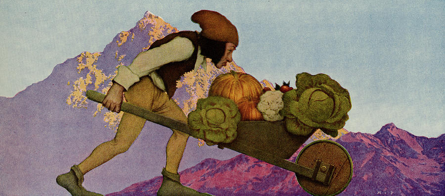 Knave of Hearts - Sprite brings wheel barrow of vegetables Painting by Maxfield Parrish
