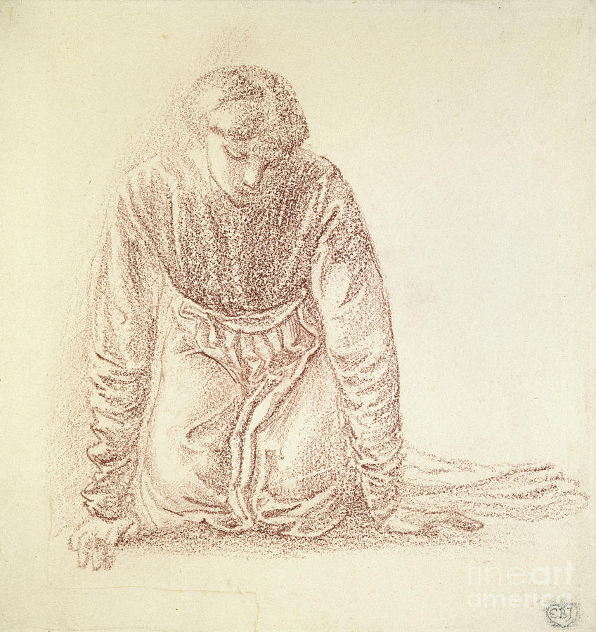Kneeling Figure Of A Woman Dark Red Chalk On White Paper Painting by Edward Coley Burne Jones