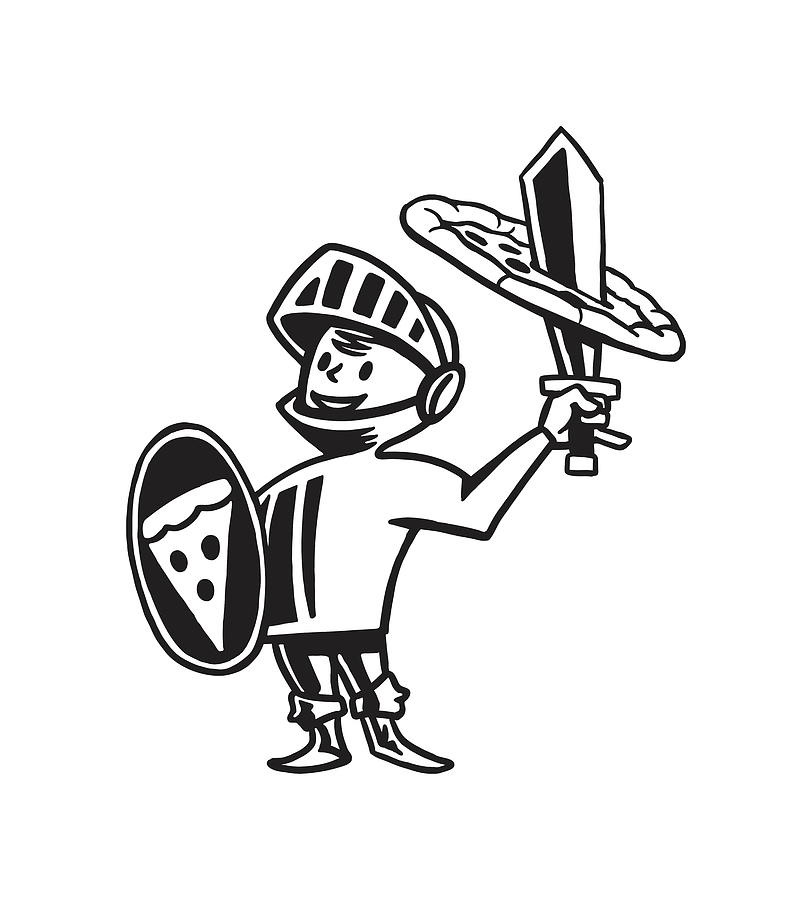 Black And White Drawing - Knight with a Pizza by CSA Images
