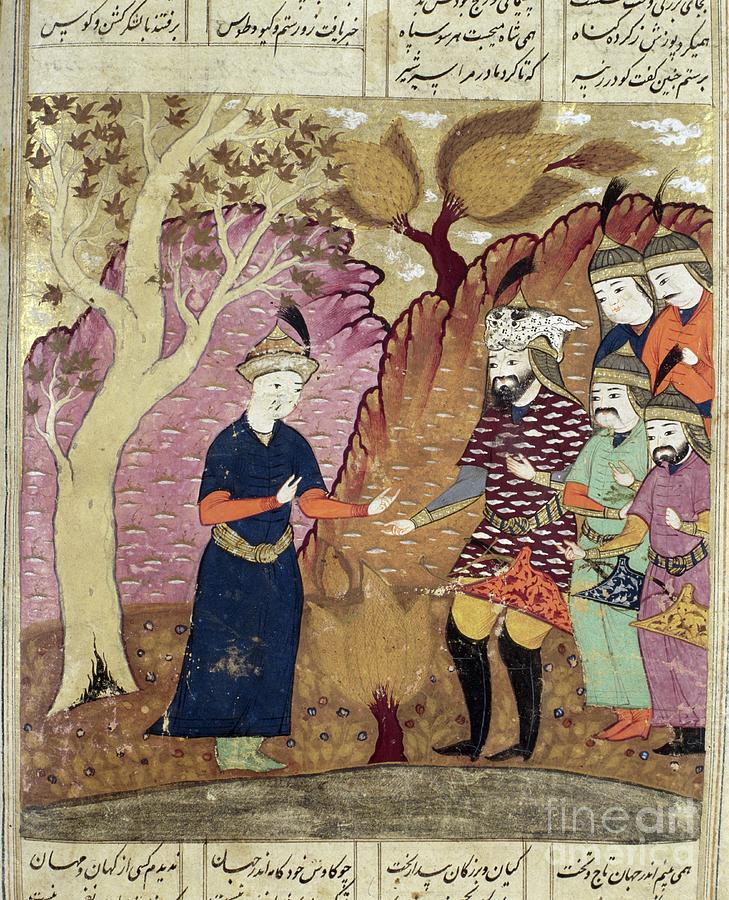 Knights finding the fallen kawus illustration from the shahnama