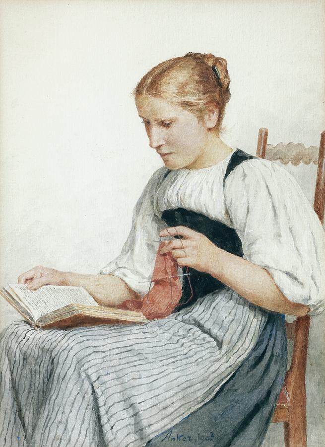 Knitting Girl Reading Painting by Albert Anker - Pixels