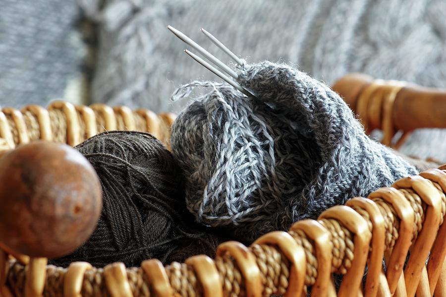 Knitting Paraphernalia In A Basket Photograph by Braas, Nele