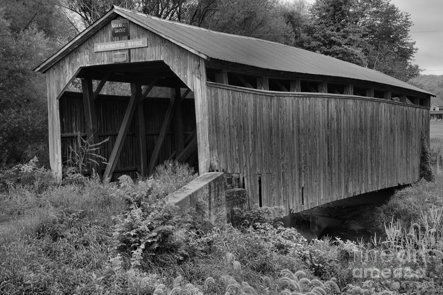 Kochenderfer Covered Bridge Lush Landscape Black And White Photograph by Adam Jewell