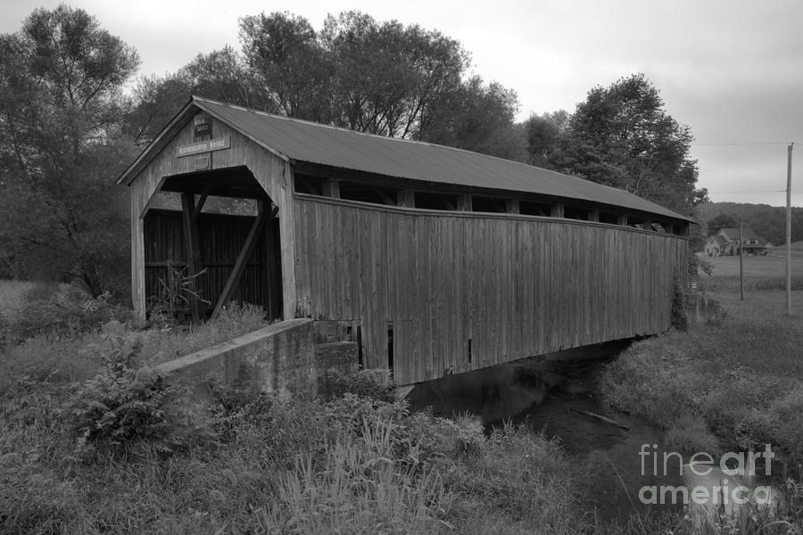Kochenderfer Covered Bridge Over Big Buffalo Creek Black And White Photograph by Adam Jewell