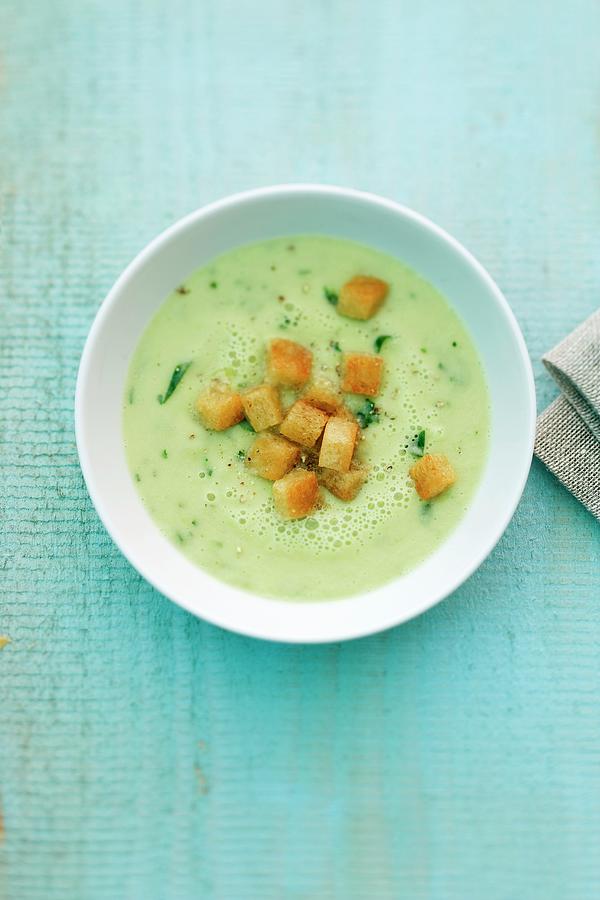 Kohlrabi Soup With Croutons Photograph by Michael Wissing