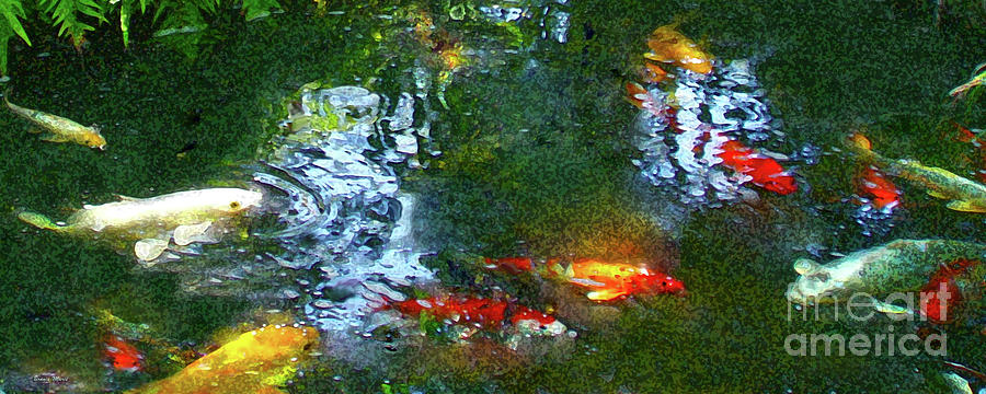 Koi Pond in Motion 40x16 Dar Painting by Bonnie Marie
