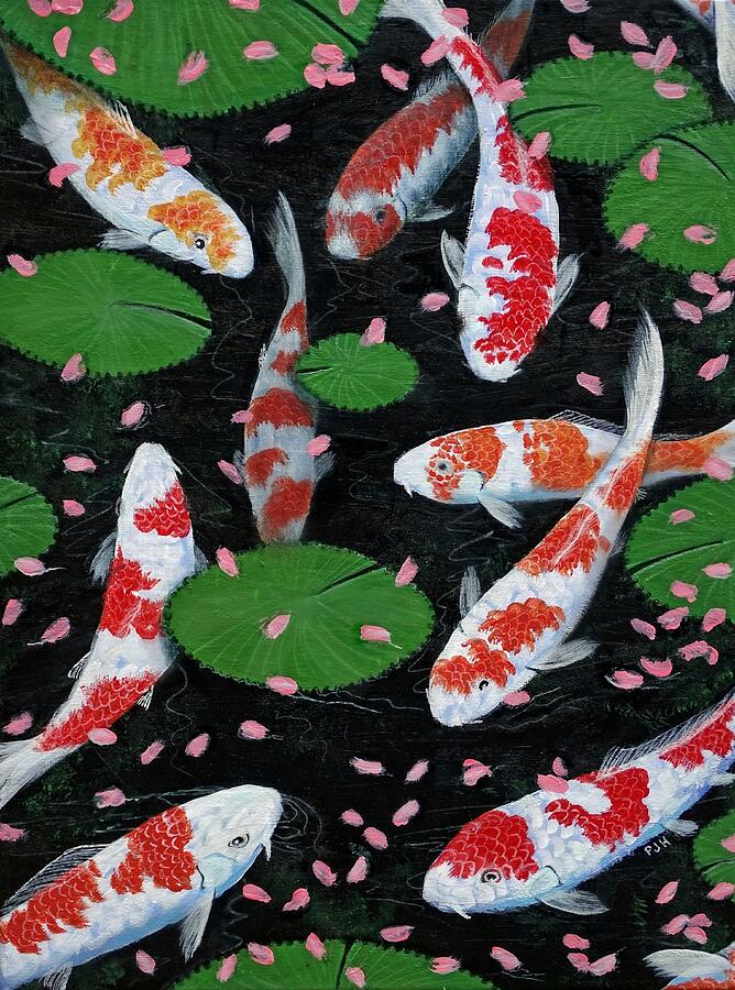 CHui DECOR koi fish shower curtain cherry blossom branch flower petal carp  fish couple romantic japanese watercolor asian painting artis