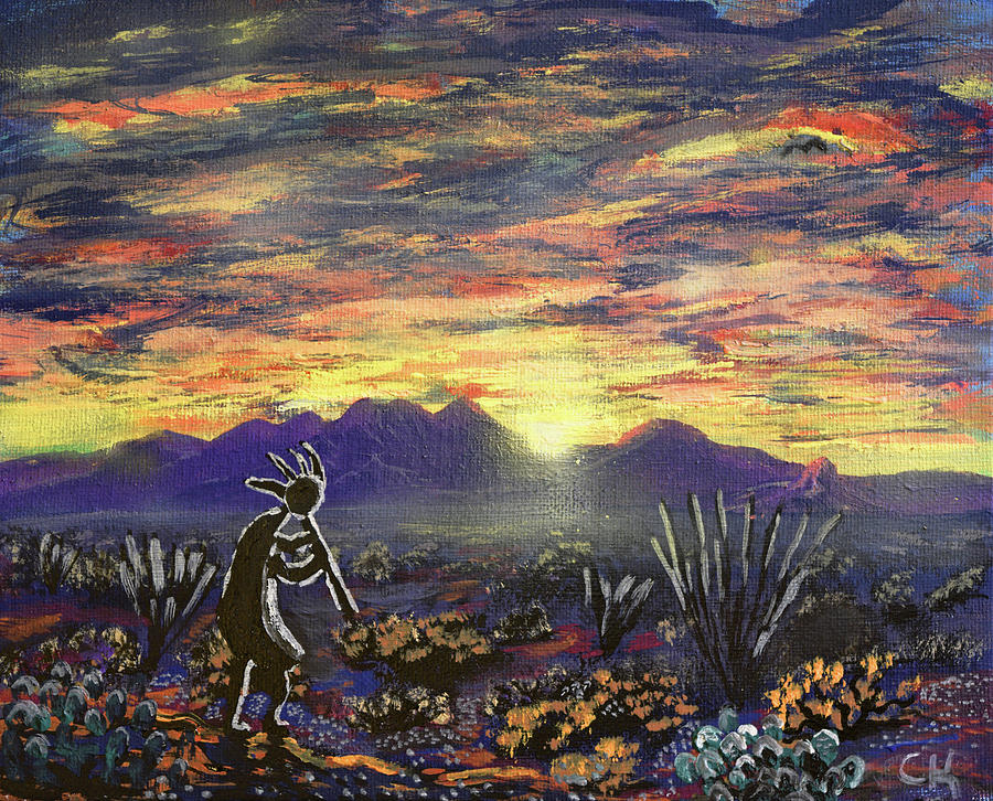 Kokopelli and an Arizona Sunrise over the Santa Rita Mountains Painting by Chance Kafka