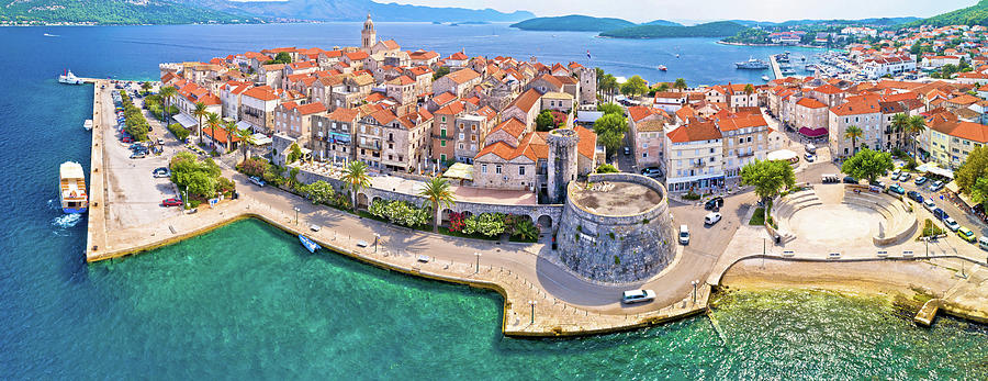 Korcula. Historic town of Korcula aerial panoramic view Photograph by Brch Photography