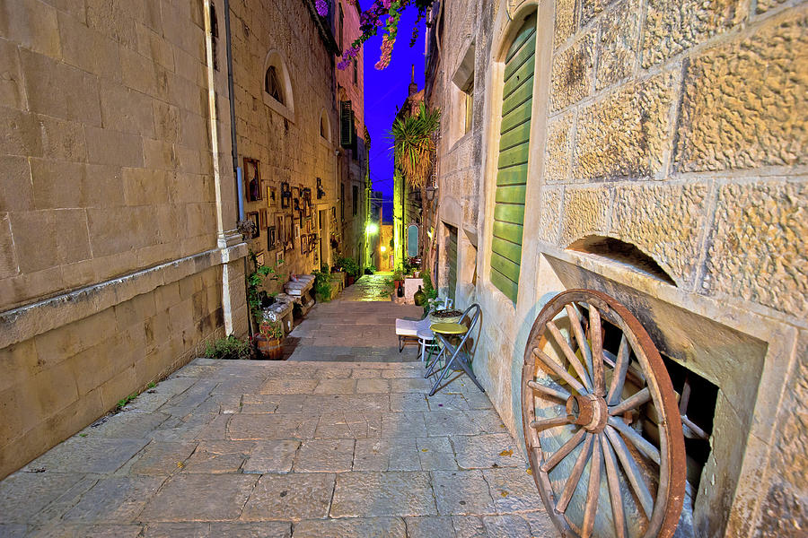 Korcula. Town of Korcula steep narrow stone street colorful even Photograph by Brch Photography