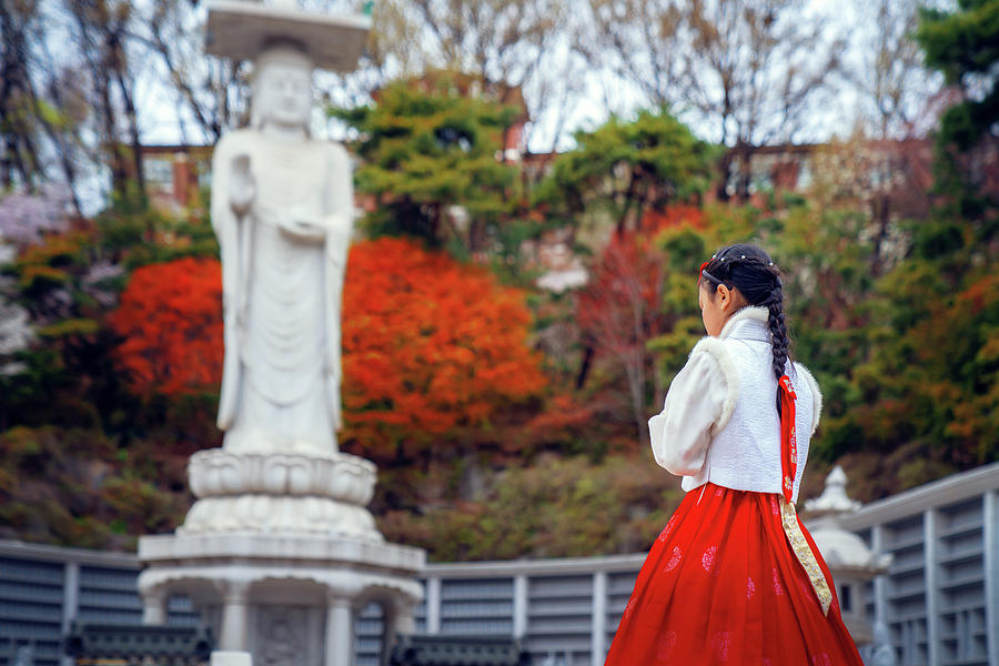 Buddha Photograph - Korean lady in Hanbok dress in Bongeunsa temple by Anek Suwannaphoom