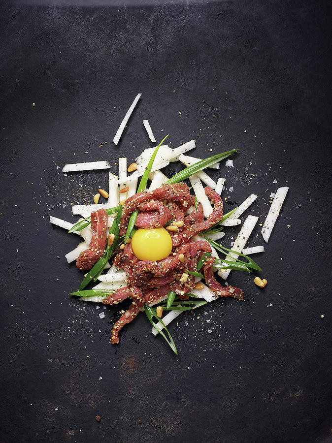Korean Meat Salad With Nashi Pear And Raw Egg Yolk Photograph by Tre Torri