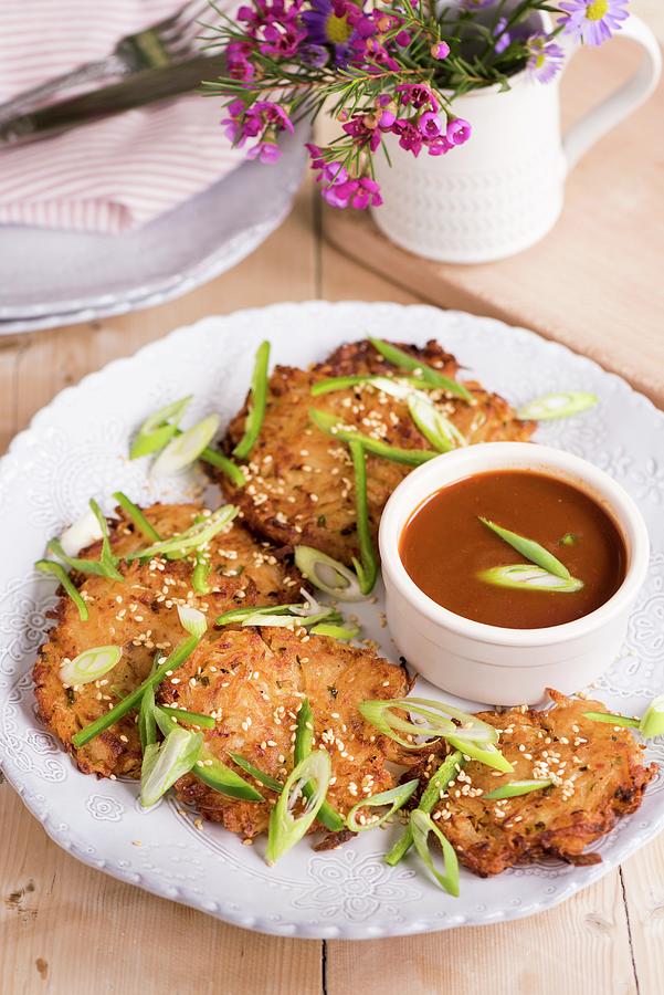 Korean Potato Pancakes gamjajeon With Spicy Sesame Dipping Sauce Photograph by Winfried Heinze