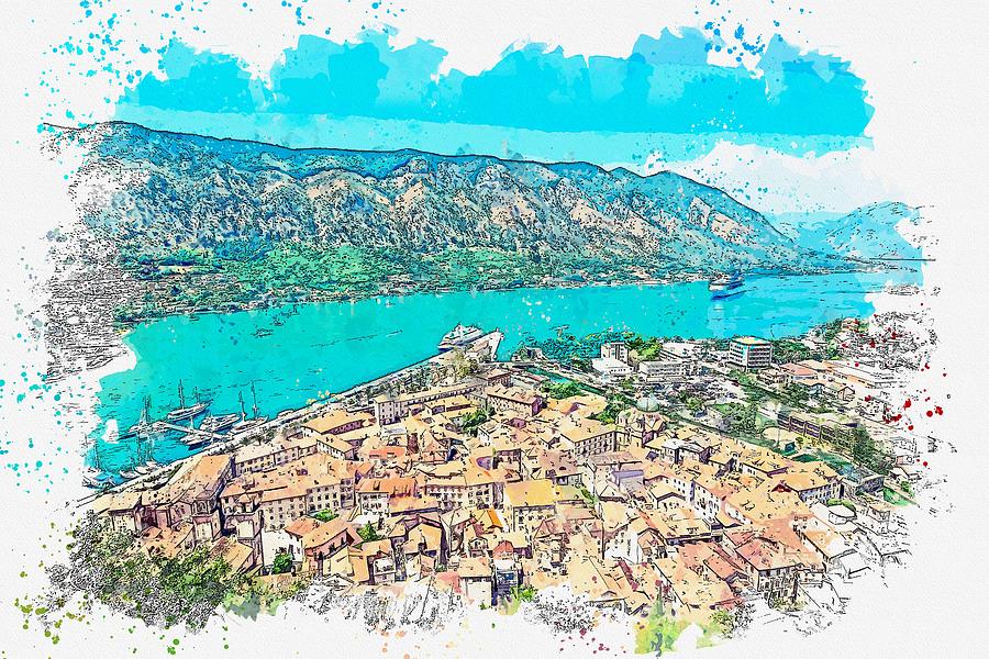 Nature Painting - Kotor, Montenegro watercolor by Ahmet Asar by Celestial Images