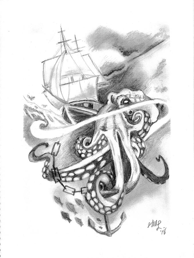 Kraken Drawing by Geoffrey Latham