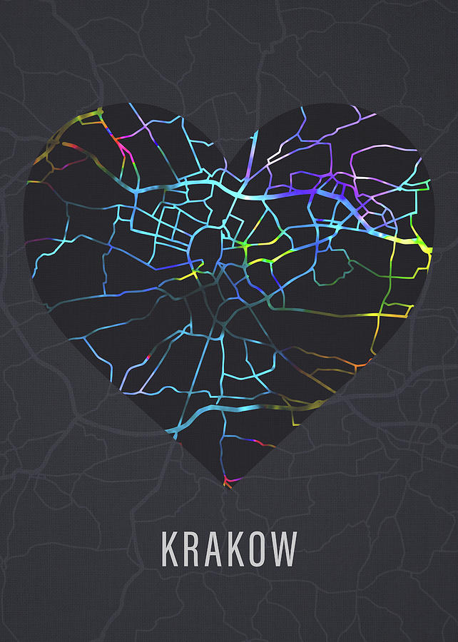 Map Mixed Media - Krakow Poland Heart Street Map Love Dark Mode by Design Turnpike