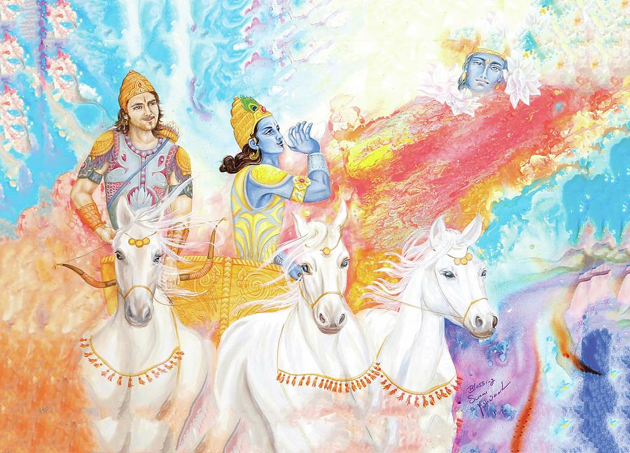 Image of Sketch Of Lord Krishna Telling Bhagavad Gita To Arjuna In  Kurukshetra War Field In Horse Chariot Editable Outline  IllustrationRN077515Picxy