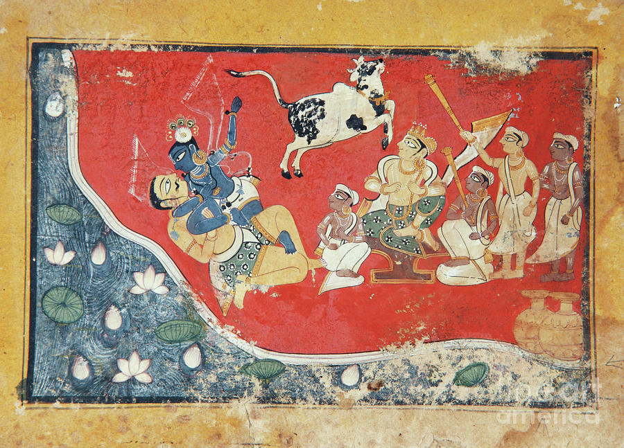 Krishna Defeats A Demon Beside A River, C.1560 Painting by Indian