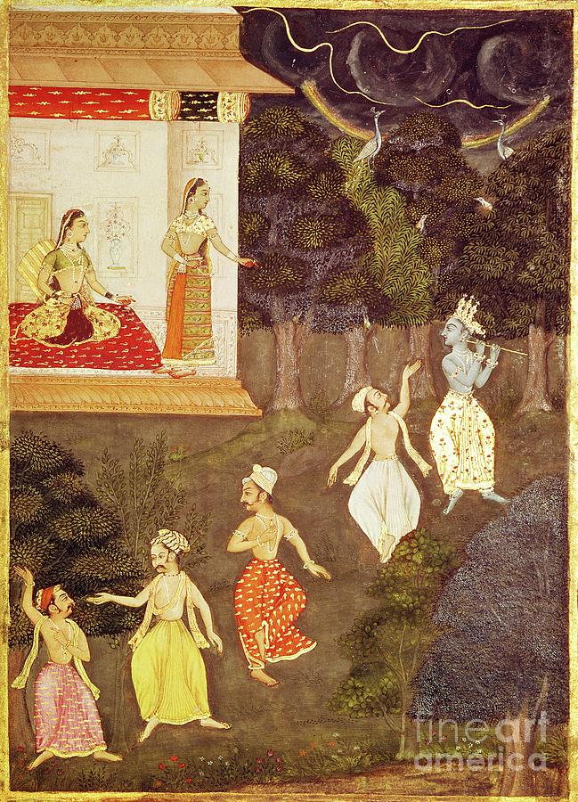 Music Painting - Krishna Playing The Flute Followed By Four Dancers, Rajasthan by Indian School