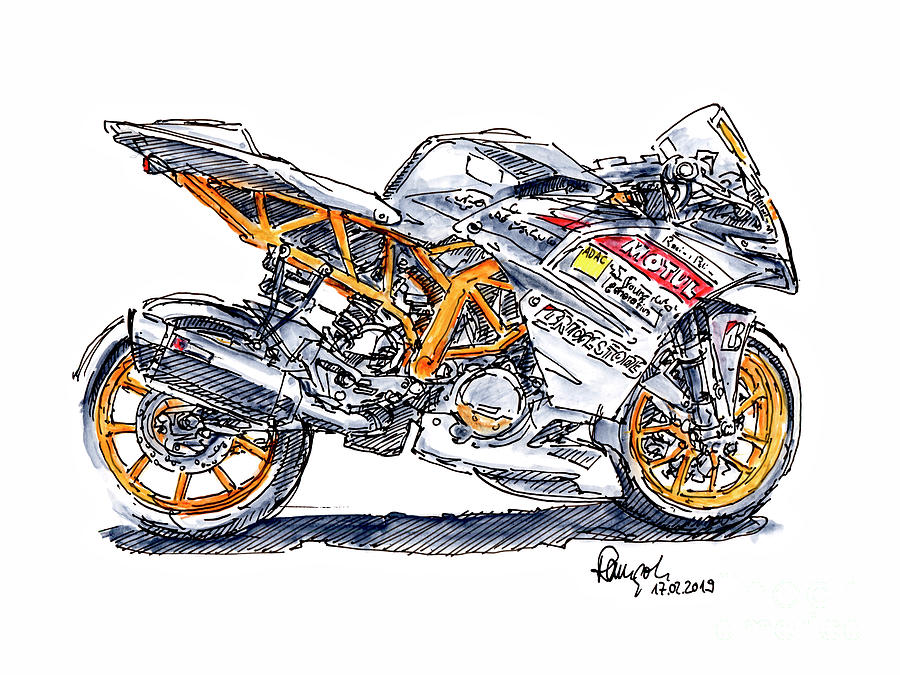 KTM RC 390 Cup Racing Motorcycle Ink Drawing and Watercolor Drawing by