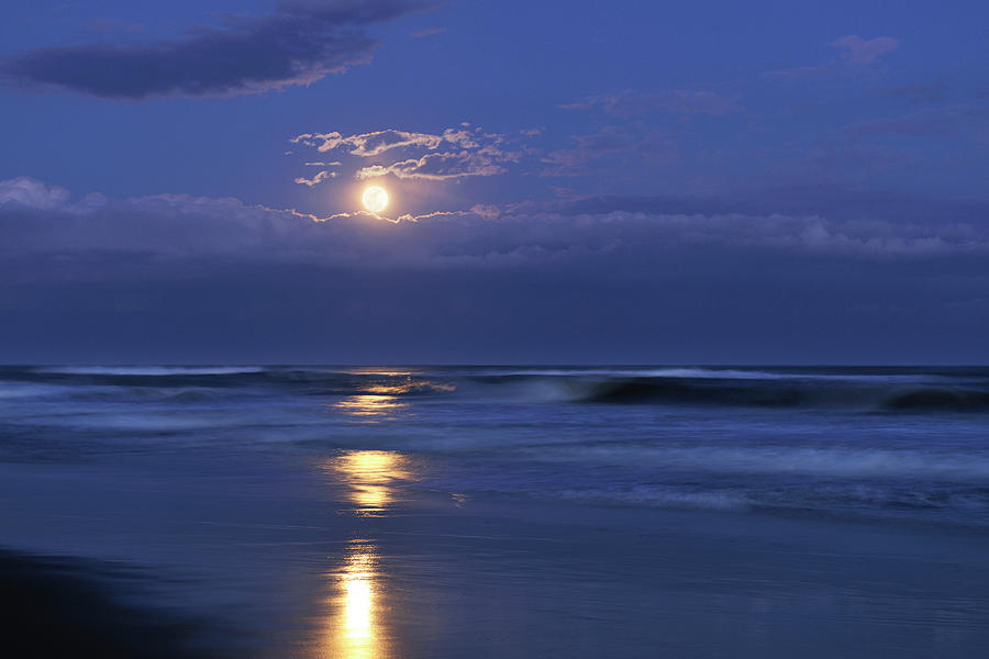 Kujukuri Beach And Full Moon, Chiba Photograph by Photolife/a.collectionrf