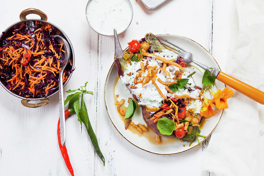 Kumpir stuffed Baked Sweet Potato With Spinach, Carrot And Red Cabbage Salad, Raita And Homemade Chickpea Noodles india Photograph by Susan Brooks-dammann