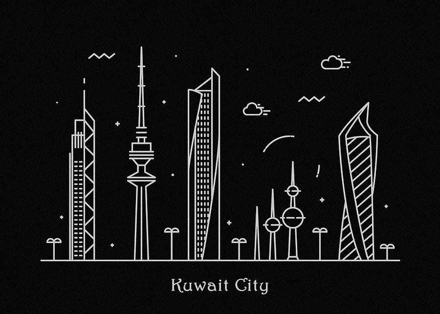 Black And White Drawing - Kuwait City Skyline Travel Poster by Inspirowl Design
