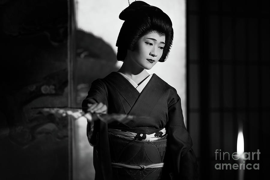 Kyoto Geiko Japanese Geisha dance with hand fans Black and white Photograph by Maxim Images Exquisite Prints
