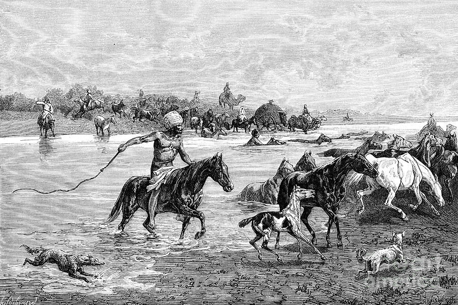 Kyrgyz Crossing A River, Kyrgyzstan Drawing by Print Collector