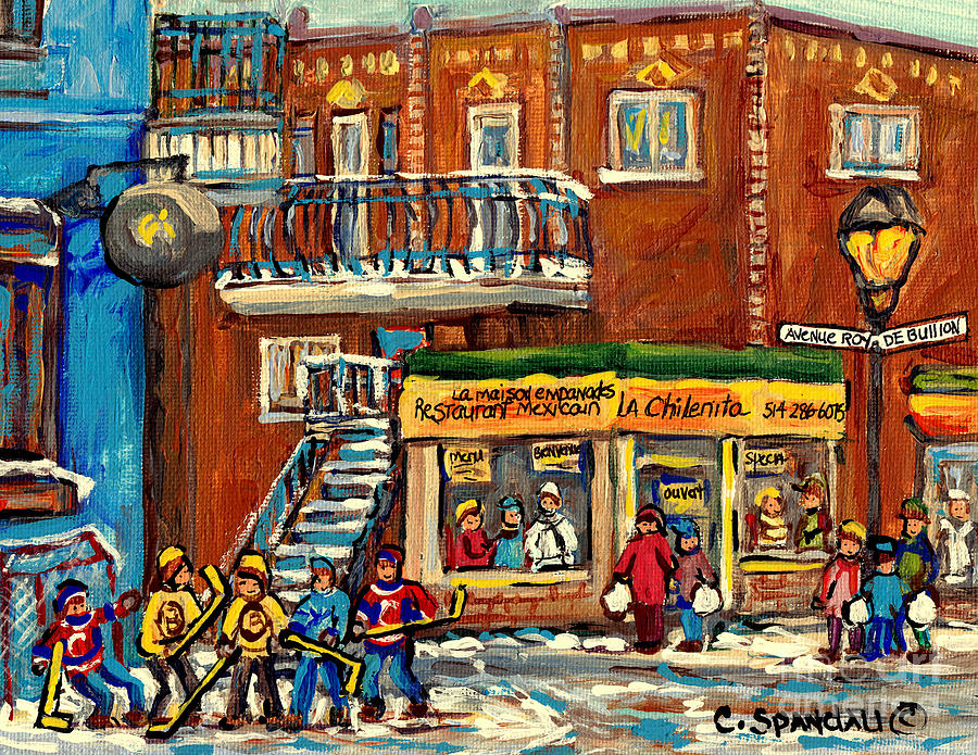 Boston Bruins Painting - La Chilenita Mexican Eatery Hockey Art Corner Cafe Rue Roy And Debullion C Spandau Quebec Artist by Carole Spandau