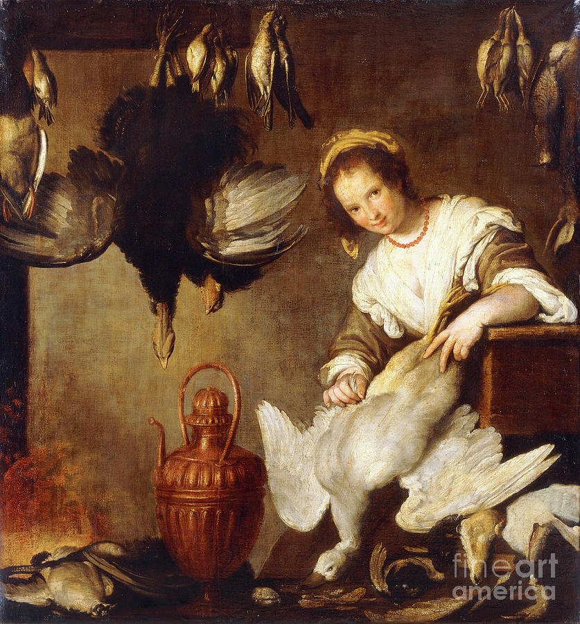La Cuoca - A Kitchen Maid Plucking A Goose In An Interior Painting by Bernardo Strozzi
