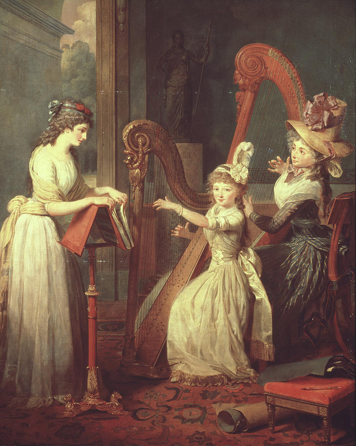 La Lecon de Harpe Donne par Mme de Genlis a Mlle dOrleans, ca 1842, Oil on canvas, 2, 47 cm x... Painting by Jean-Baptiste Mauzaisse -1784-1844-