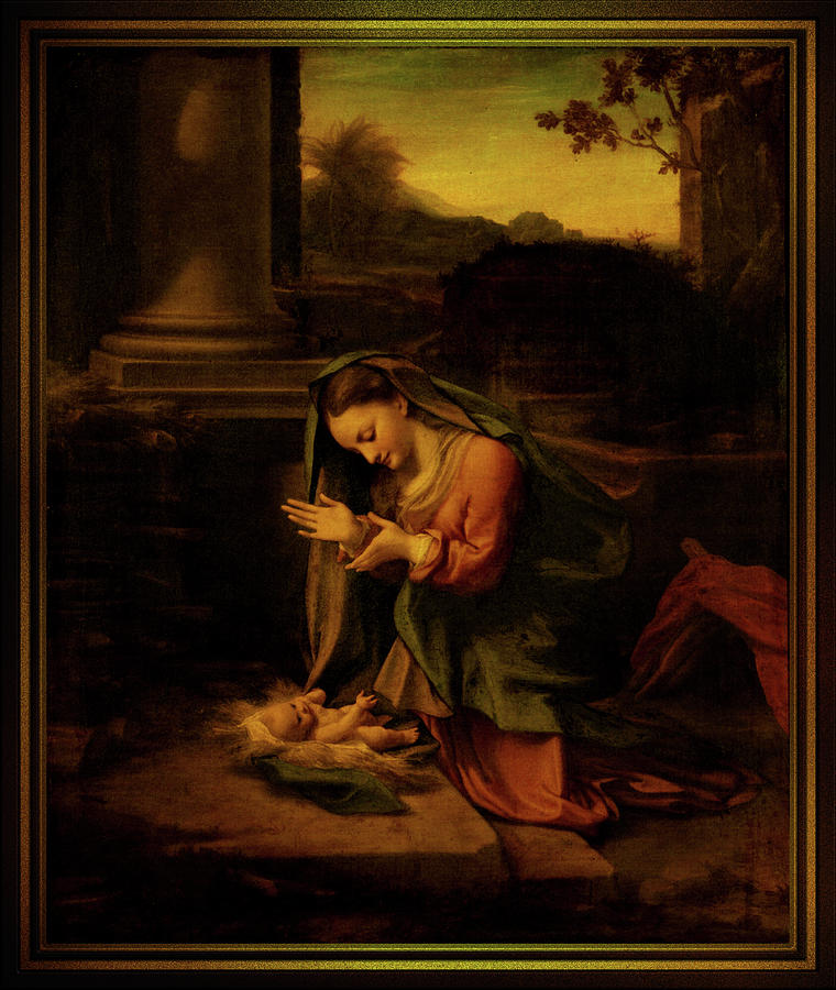 Classical Painter Painting - La Vergine Che Adora Il Bambino by Antonio da Correggio by Rolando Burbon