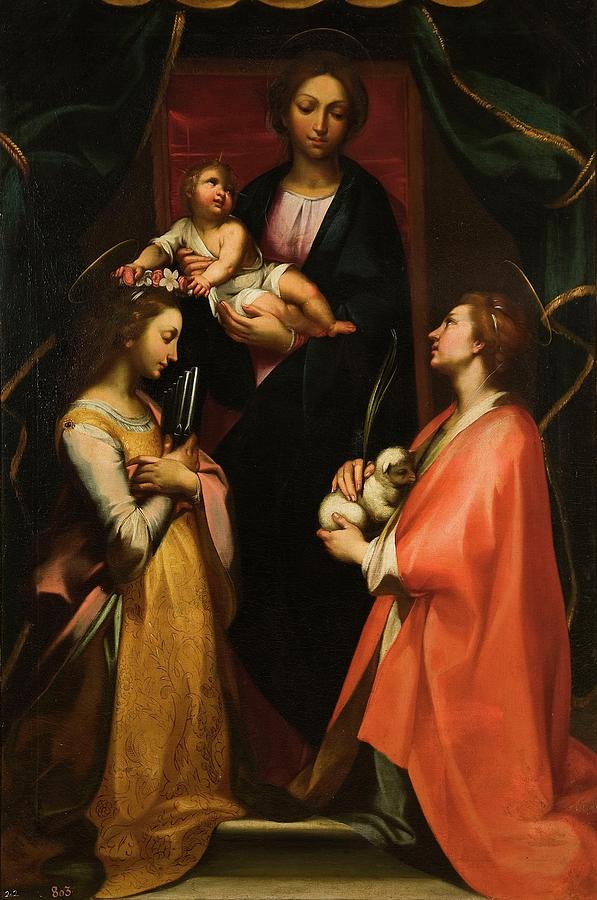 La Virgen con el Nino y las Santas Cecilia e Ines, Late 16th century - Early ... Painting by Francesco Vanni -1563-1610-