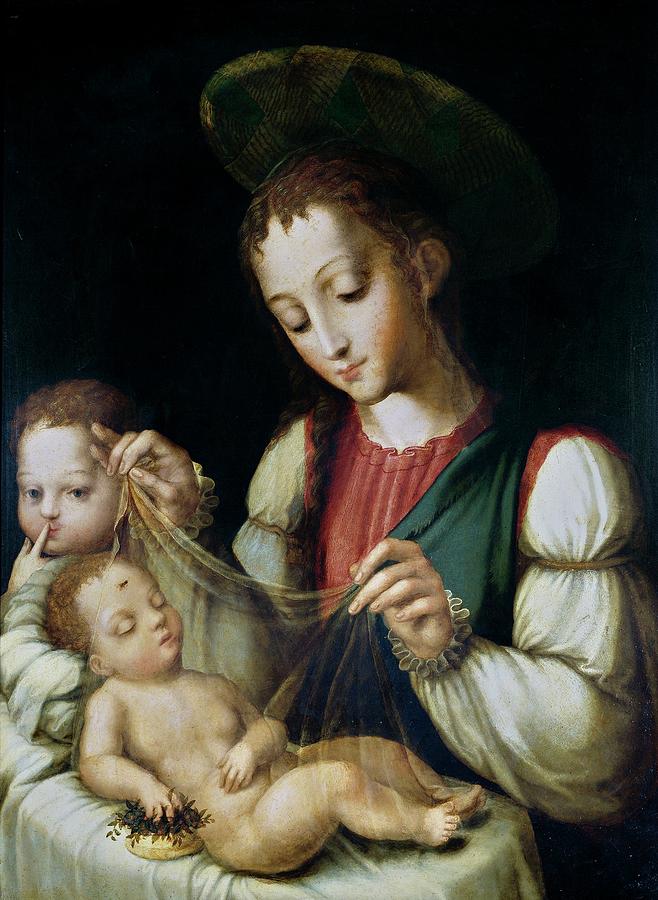 La Virgen con el Nino y San Juanito, ca. 1570, Spanish School, Oil on panel,... Painting by Luis de Morales -1509-1586-