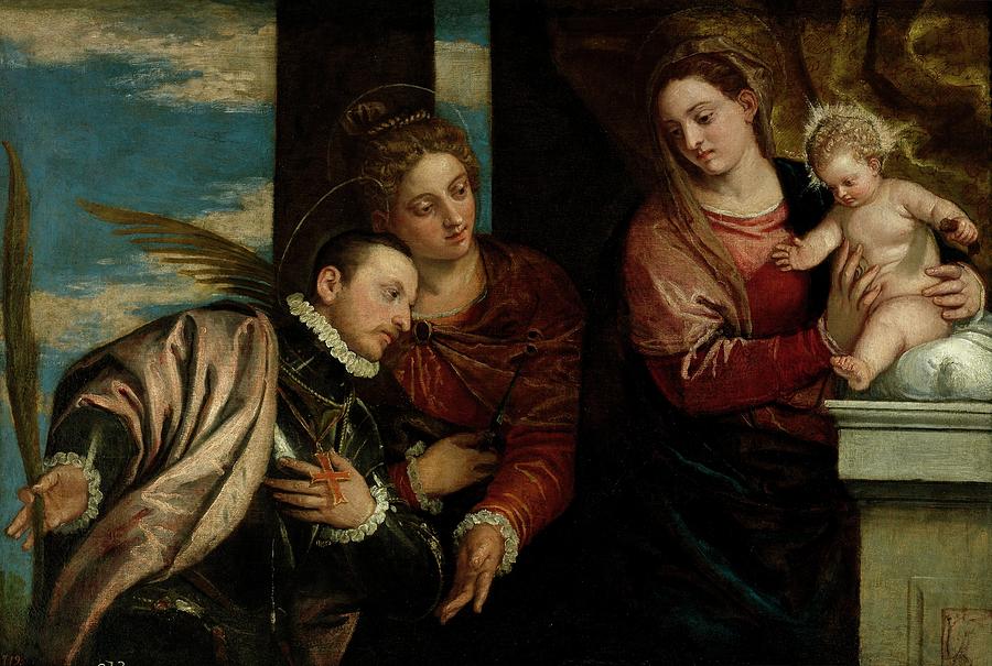 La Virgen y el Nino con Santa Lucia y un santo martir, Late 16th century, I... Painting by Carlo Caliari -c 1570-c 1596-