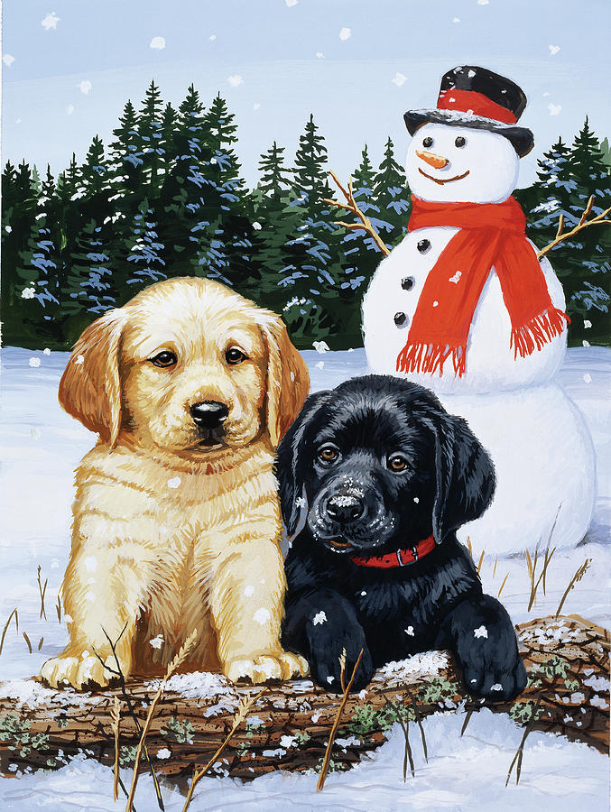Winter Painting - Lab Puppies With Snowman by William Vanderdasson