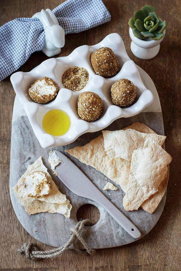 Labneh Eggs In A Dukkah Coat nut And Spice Mixture, With Crispy Flatbread Photograph by Great Stock!