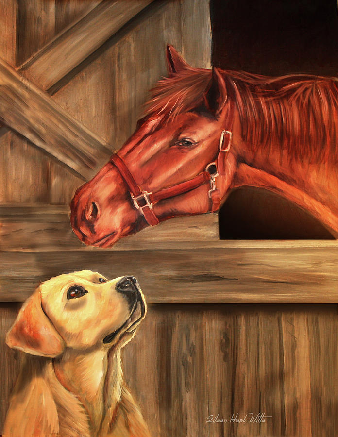 Horse Painting - Labrador Retriever And Horse Barn by Eileen Herb-witte